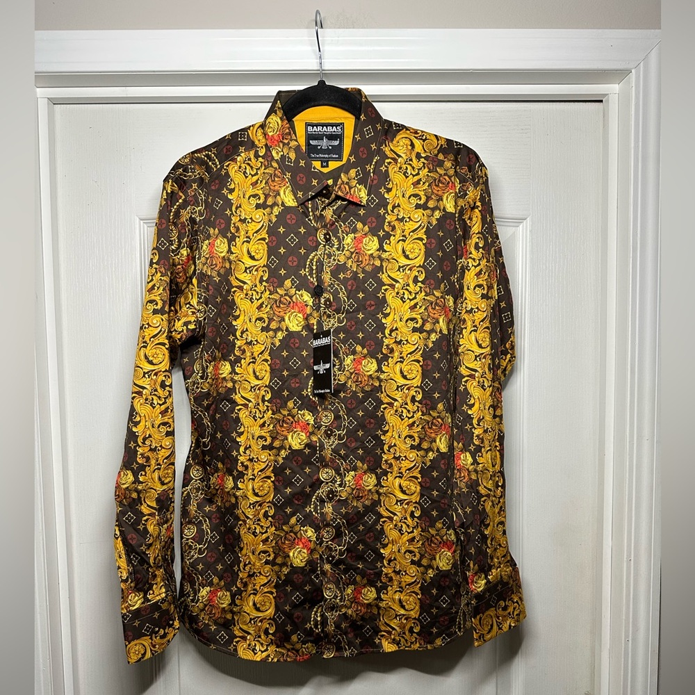 Barabas Men's Rose and Thorn Gold and Brown Long Sleeve Shirt Size M